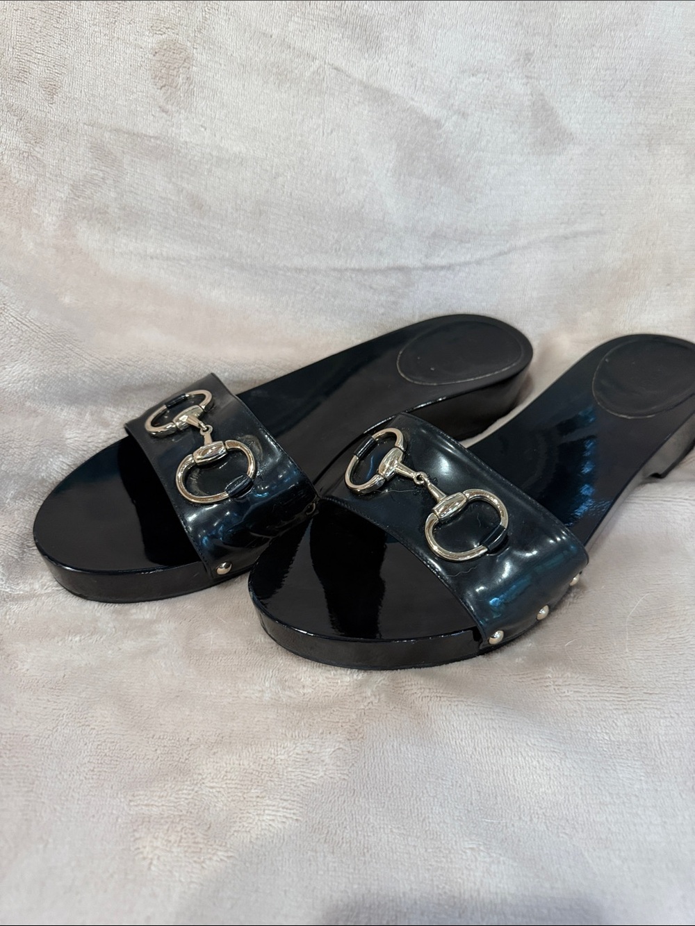 Gucci Black Patent Slide Sandals with Silver Horsebit